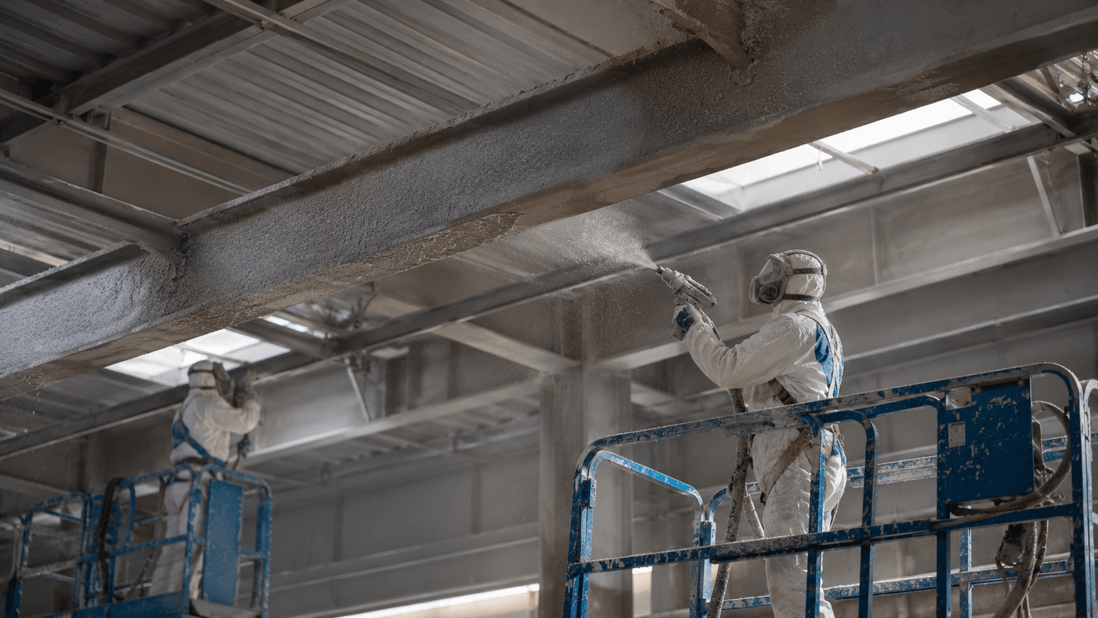 Operarios aplicando aislamiento ignífugo sobre vigas metálicas en nave industrial