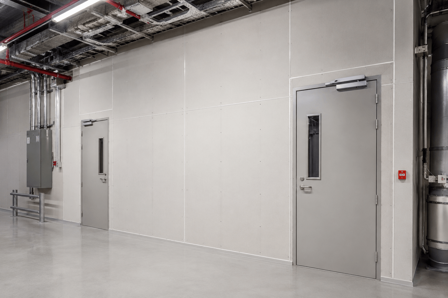 Paneles de aislamiento ignífugo en pasillo industrial con puertas cortafuego